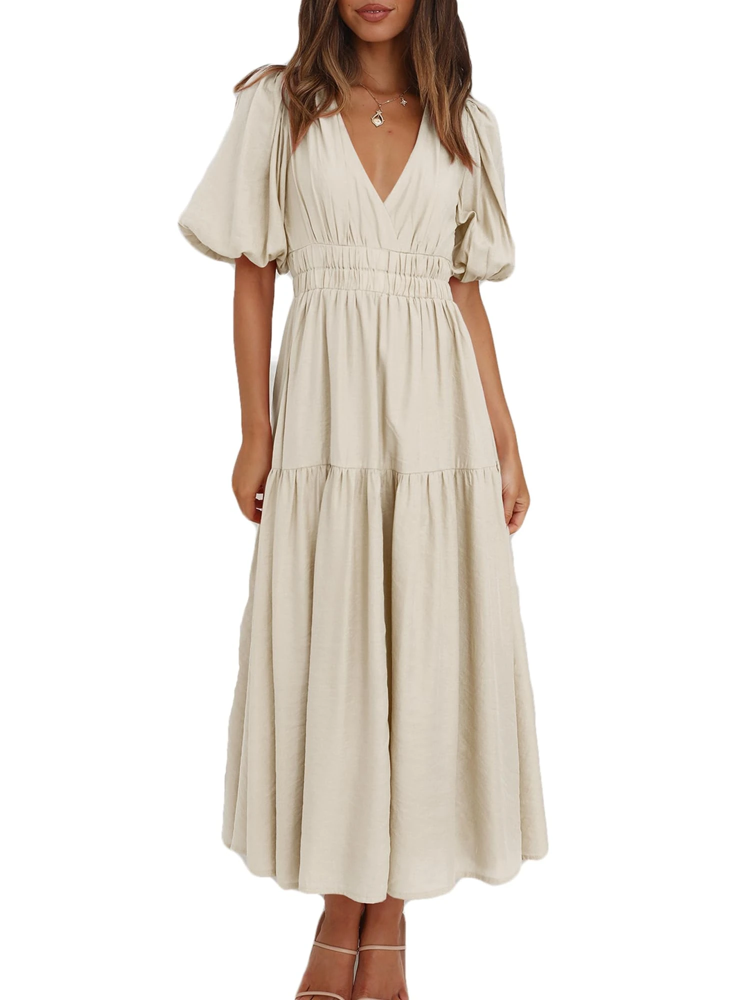 MessBebe Womens Summer Casual Maxi Dress V Neck Puff Sleeve Ruffled Solid Color Ruffle Beach Dress Apricot