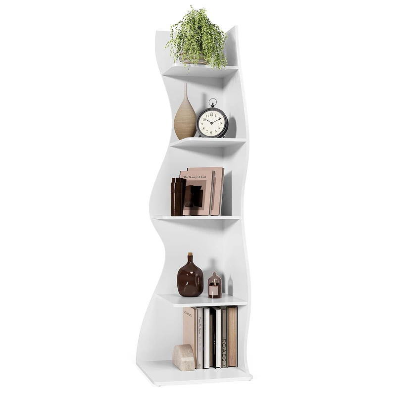 LITTLE TREE Small Corner Shelf, Modern 5-Tier Wall Corner Bookshelf, Stylish Bookcase Storage Rack for Small Space,Living Room. Bedroom White