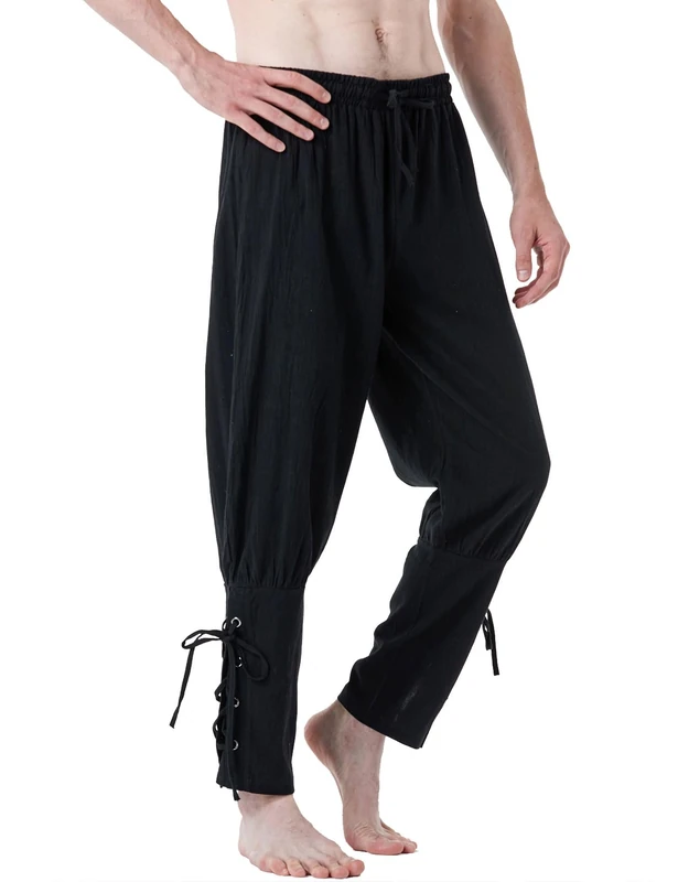 JEMITOP Men's Pure Cotton Vintage Ankle Banded Pants for Renaissance Pirate Viking Medieval Costume, Black, XL