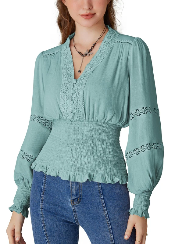 Scarlet Darkness Women's Renaissance Peasant Blouse V Neck Lantern Sleeve Lace Smocked Tops, Baby Blue, XXL