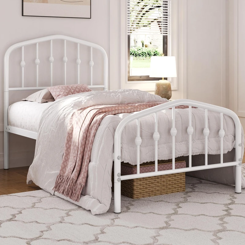 Yaheetech Bed Frame 90 x 190 cm, Vintage Metal Bed with Crown-Shaped Headboard, Sturdy Metal Bed Frame, Single Bed, Robust & Easy Assembly, Guest Bed, Youth Bed, Day Bed, White - Image 1