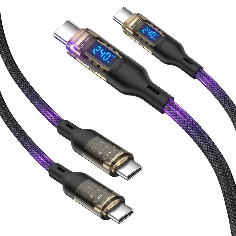 VisionSync 240W USB C to USB C Transparent Cable with LED Display Compatible with 140W 100W Fast Charging for MacBook Pro,lPhone16/15/15Pro/15ProMax, Galaxy S23+/S23Ultra/S22,6.6ft 2Pack,Black