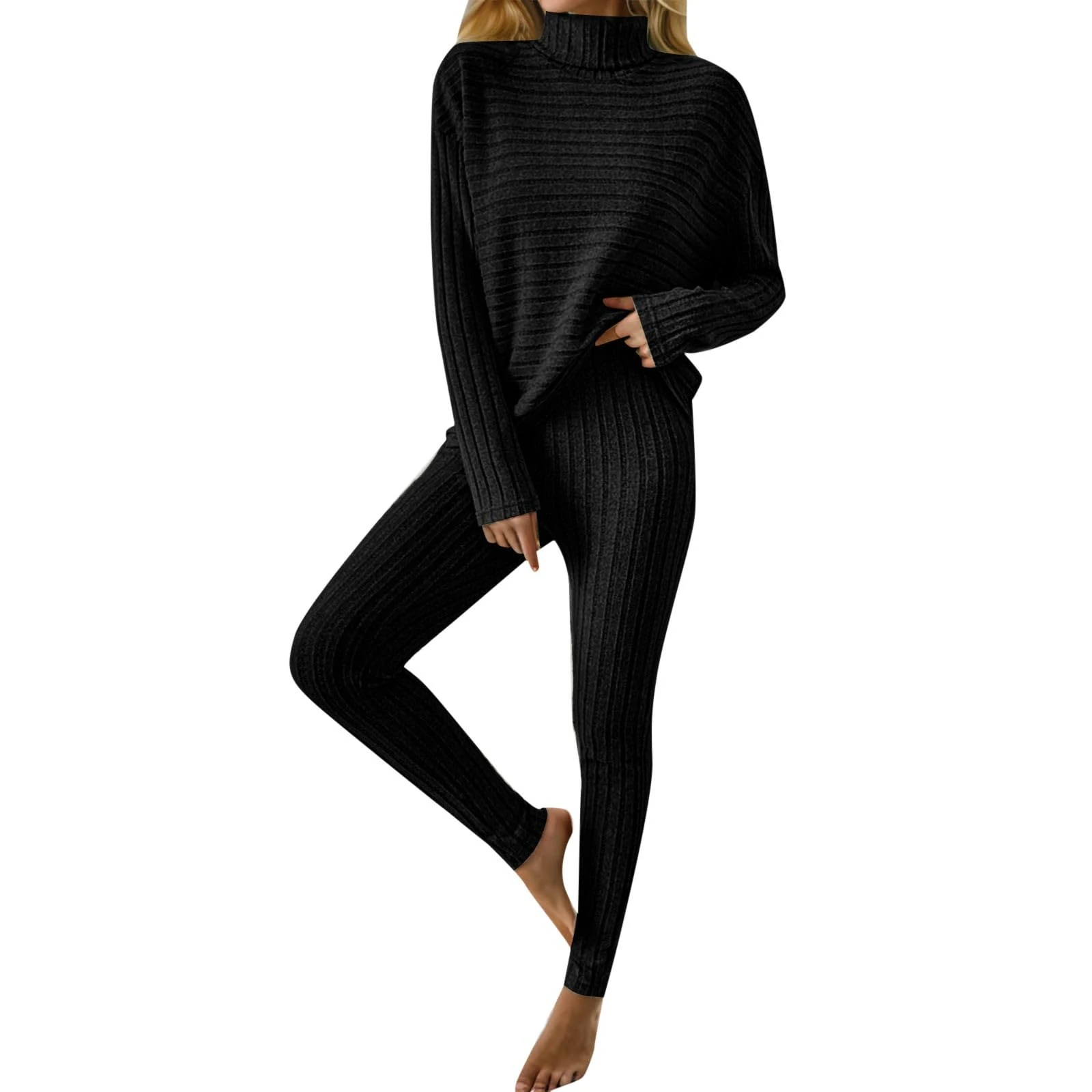 KBOPLEMQ Two-Piece Women's Long-Sleeved Knitted Leggings and T-Shirt Set, Trouser Suit, Knitted Suit, 2-Piece Set, Autumn Leisure Suit, black, L