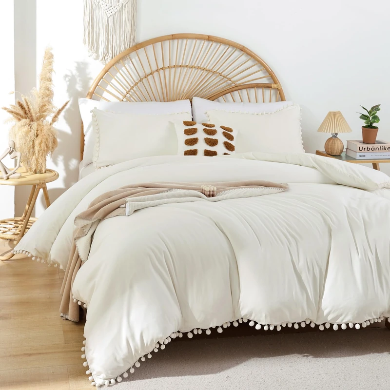YIRDDEO Full Ivory Microfiber Comforter Set, 3pcs Boho Ball Pom Fringe Design Bedding Set (1 Comforter, 2 Pillowcases)