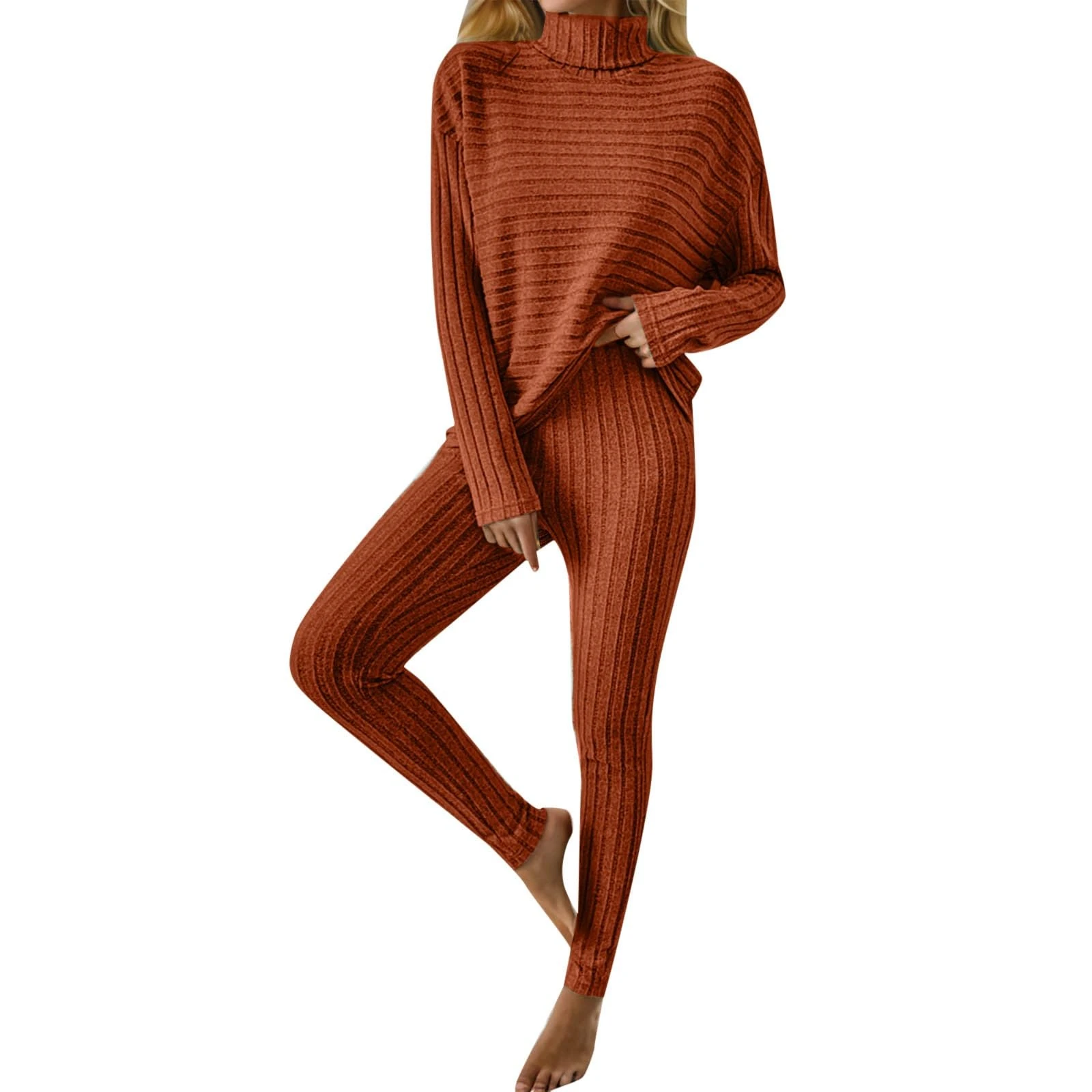 KBOPLEMQ Two-Piece Women's Long-Sleeved Knitted Leggings and T-Shirt Set, Trouser Suit, Knitted Suit, 2-Piece Set, Autumn Leisure Suit, brown, L