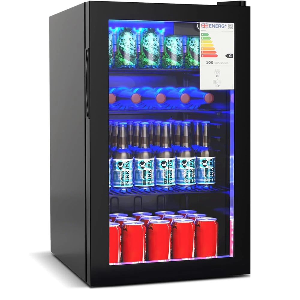 Panana Under Counter Beer & Drinks Fridge-90L Capacity,Holds up to 115 Cans, Premium Temperature Performance (2℃ to 15℃), Full Length Low-E Glass, Removable Shelves, LED Light, Low Noise(Black)