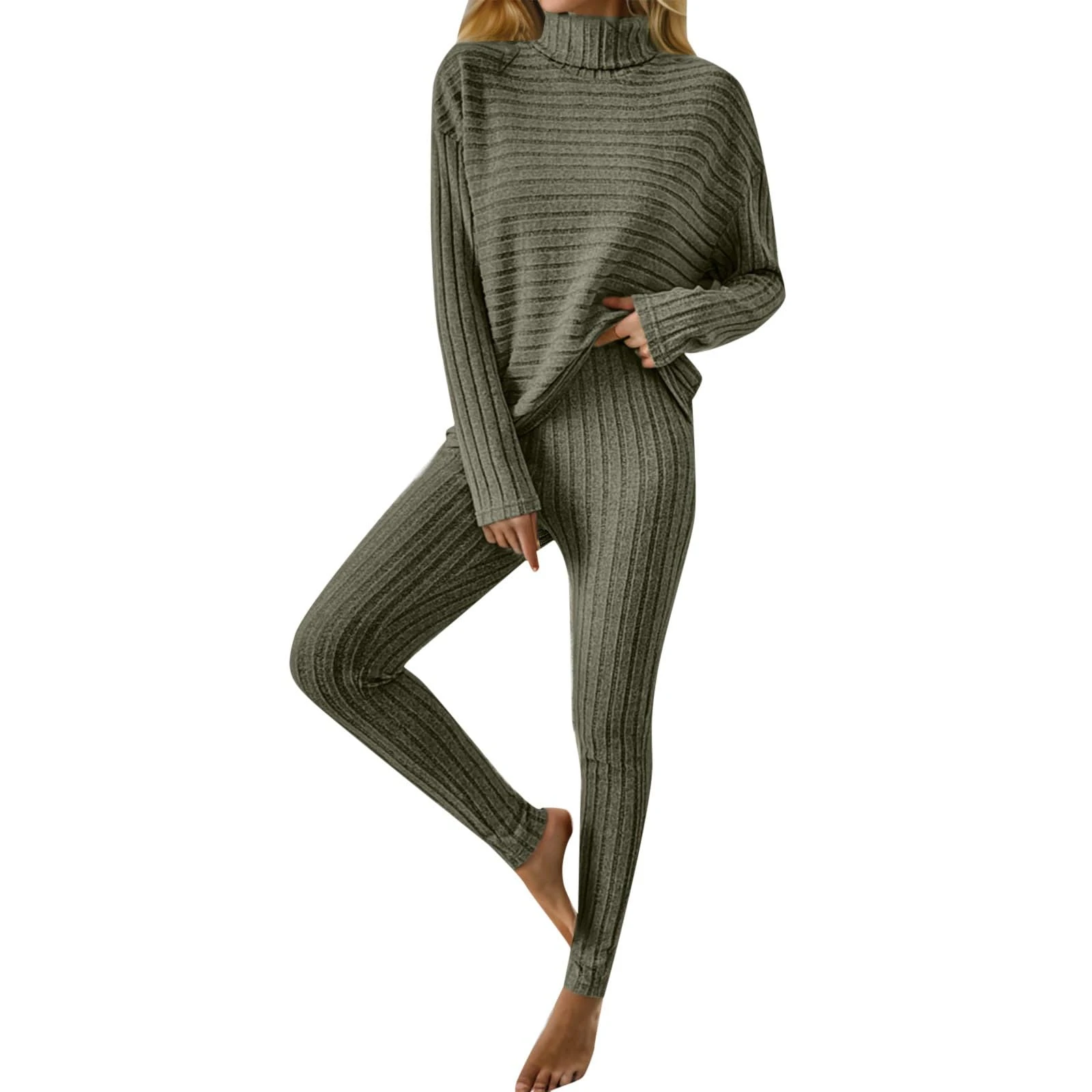 KBOPLEMQ Two-Piece Women's Long-Sleeved Knitted Leggings and T-Shirt Set, Trouser Suit, Knitted Suit, 2-Piece Set, Autumn Leisure Suit, Green, L