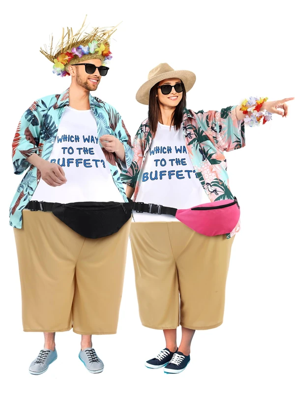 Bunnycool 12 Pcs Adult Tacky Tourist Costume - Couples Hawaiian Tropical Tacky Traveler Funny Fat Costumes Set for Summer, Beach, Luau, Halloween, Party