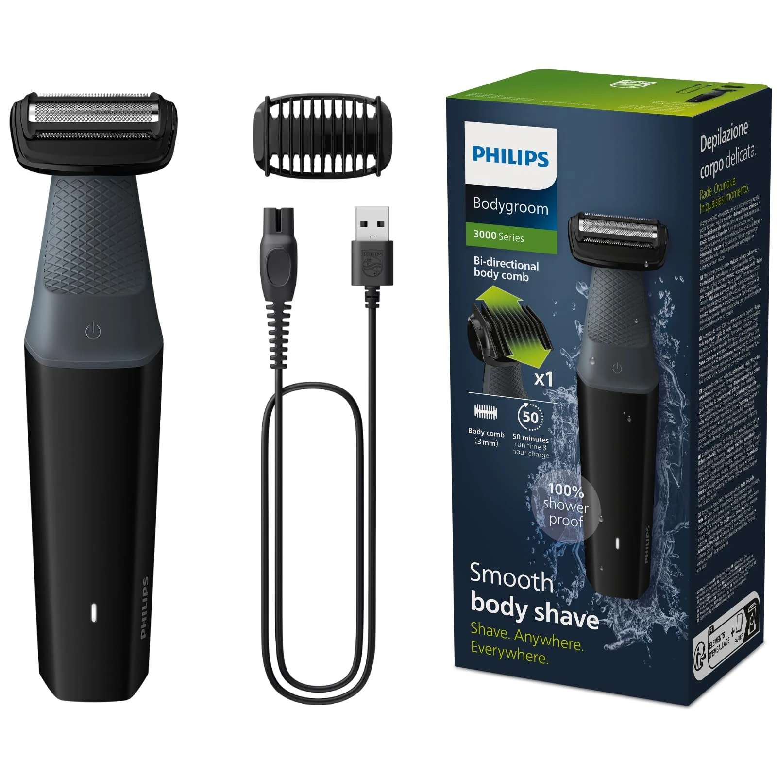 Philips Bodygroom Series 3000 Showerproof Groin and Body Trimmer, Close and Comfortable Shave, Complete Body Grooming, 50 Min. Runtime, Model BG3017/01, Black