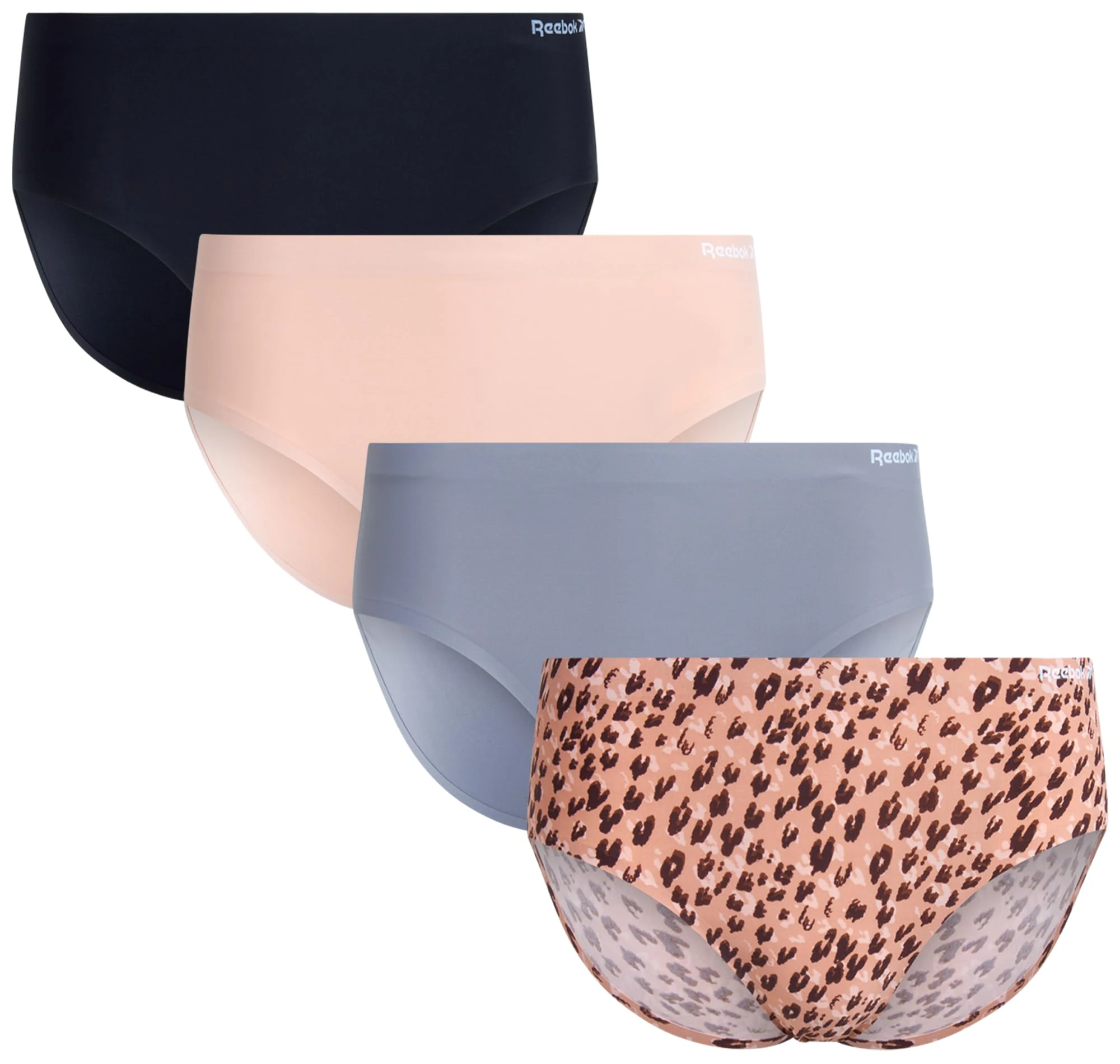 Reebok Womens Hipster Panties - 4 Pack Tag Free Stretch Performance Panties for Women - Stay-Put Seamless Underwear for Women, Leopard/Rose Dust/Sharkskin/Black, S