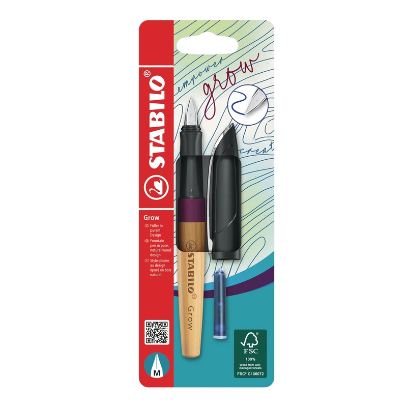 STABILO Grow - Climate-Neutral Fountain Pen - Pack of 1 - Plum Red/Cherry Wood including Blue Ink Cartridge
