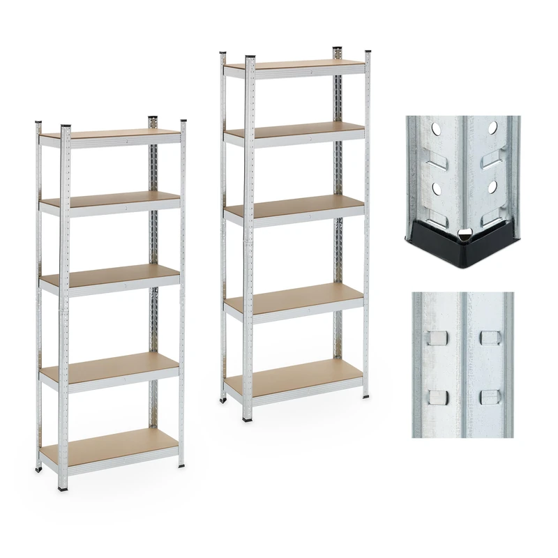 Relaxdays 2X Heavy-Duty Shelving, 5 Levels, 180 x 70 x 30 cm, up to 500 kg, Steel, Storage for Cellar & Garage, Silver