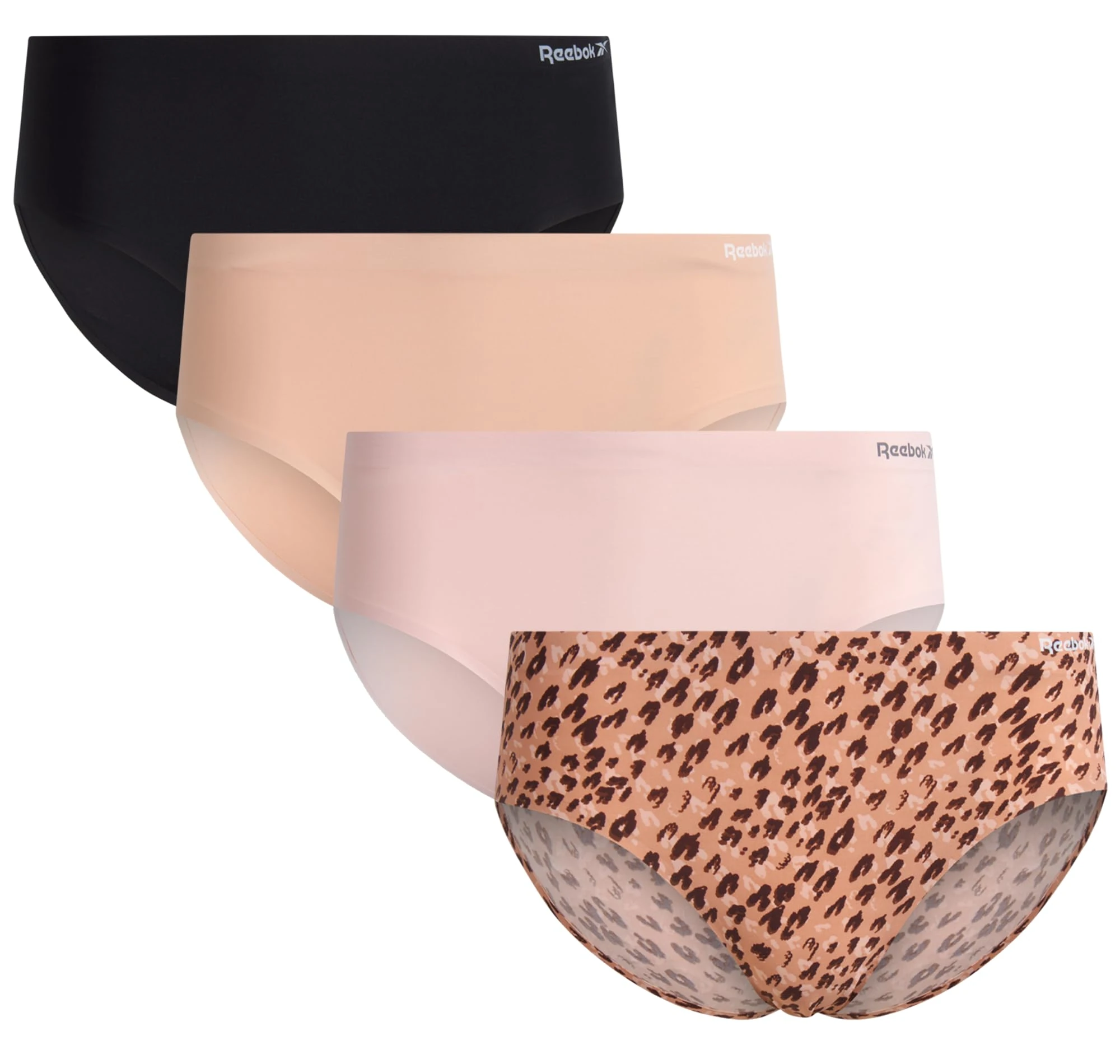 Reebok Womens Hipster Panties - 4 Pack Tag Free Stretch Performance Panties for Women - Stay-Put Seamless Underwear for Women, Leopard/Rose Dust/Lotus/Black, L