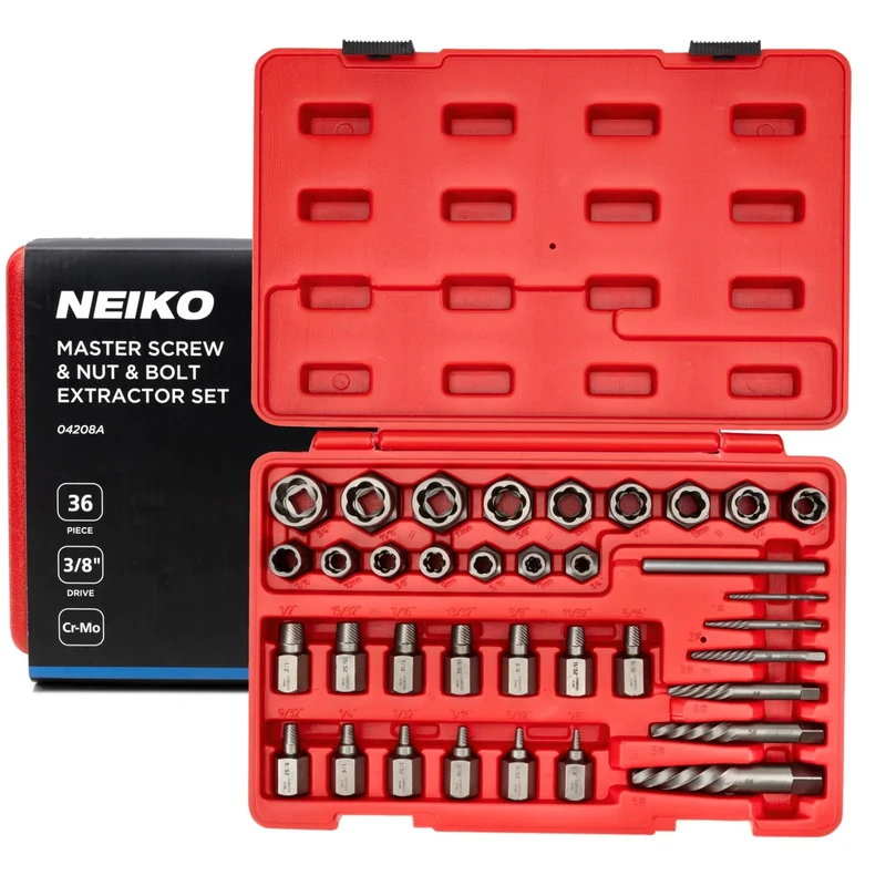 NEIKO 04208A Master Screw, Nut, & Bolt Extractor, 36 Piece Lug Nut Removal Tool, 3/8 Dr., Deep and Shallow Stripped Bolt Extractor Socket Set, Rounded Bolt Removal Tool, Nut Remover Socket Set, CR-Mo