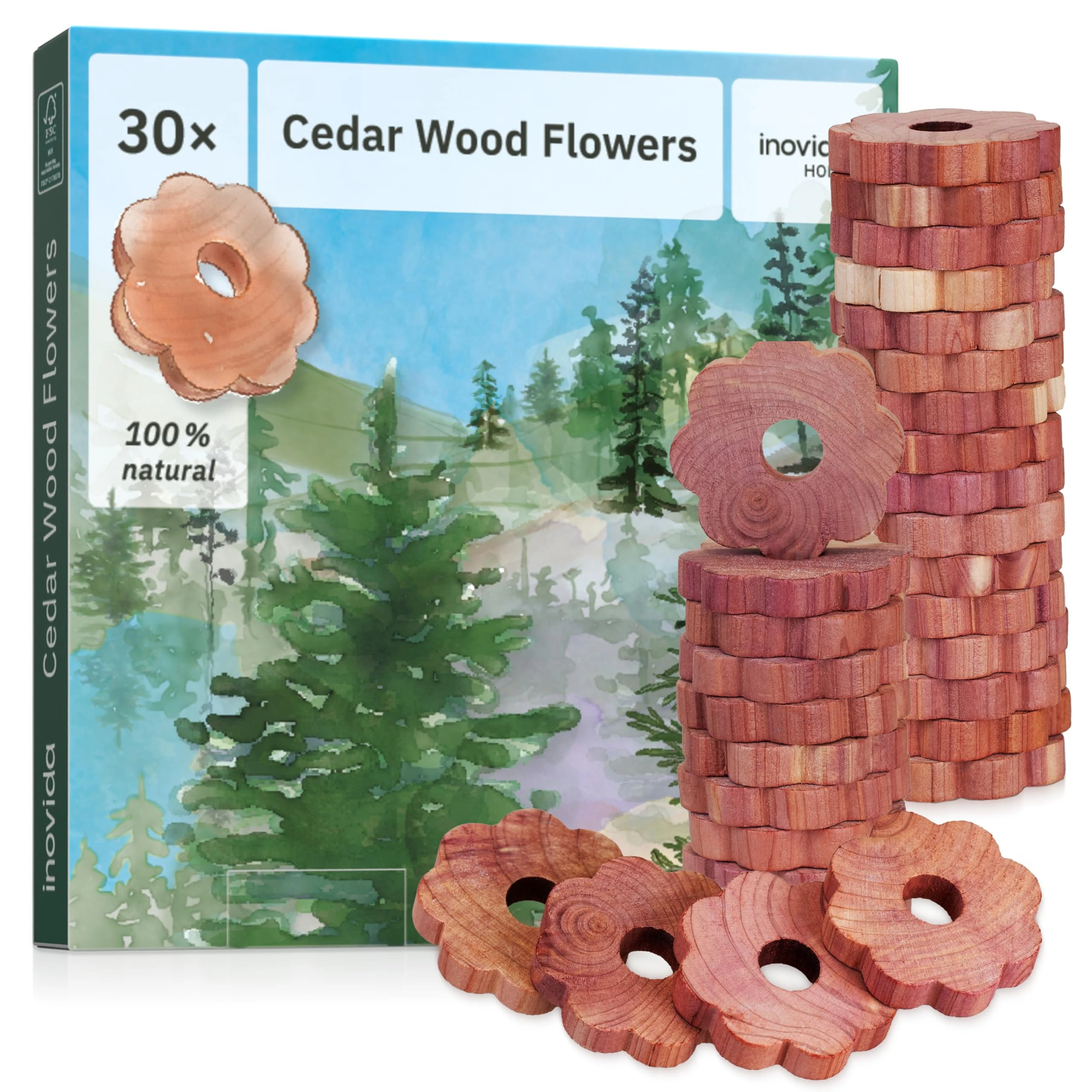 Inovida Moth Repellent for Wardrobes : 30 Cedar Wood Rings – Wardrobe Freshener and Natural Moth Repellent for Wardrobes – Cedarwood Moth Repellent – Eco Friendly Moth Protection – Drawer Fresheners