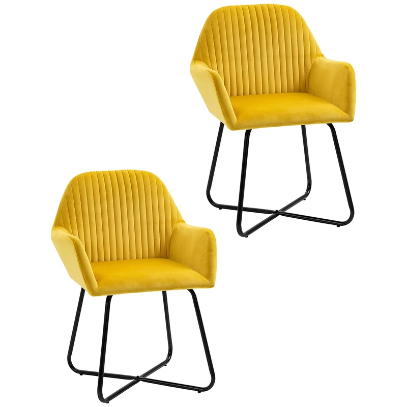 HOMCOM Modern Accent Chair, Velvet-Touch Fabric Upholstered Armchair with Metal Base for Living Room, Bedroom and Dinning Room, Set of 2, Yellow
