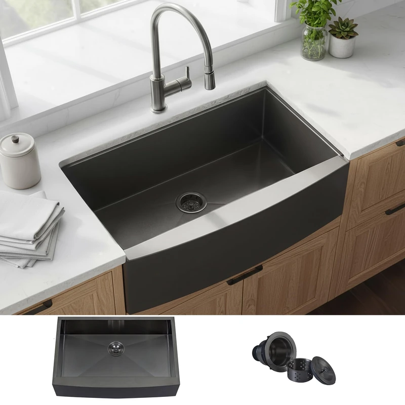 KINGO Home Black Farmhouse Sink, 33 Inch, 16 Gauge Undermount Single Bowl, 304 Stainless Steel, 9 Inch Deep, Gunmetal Black