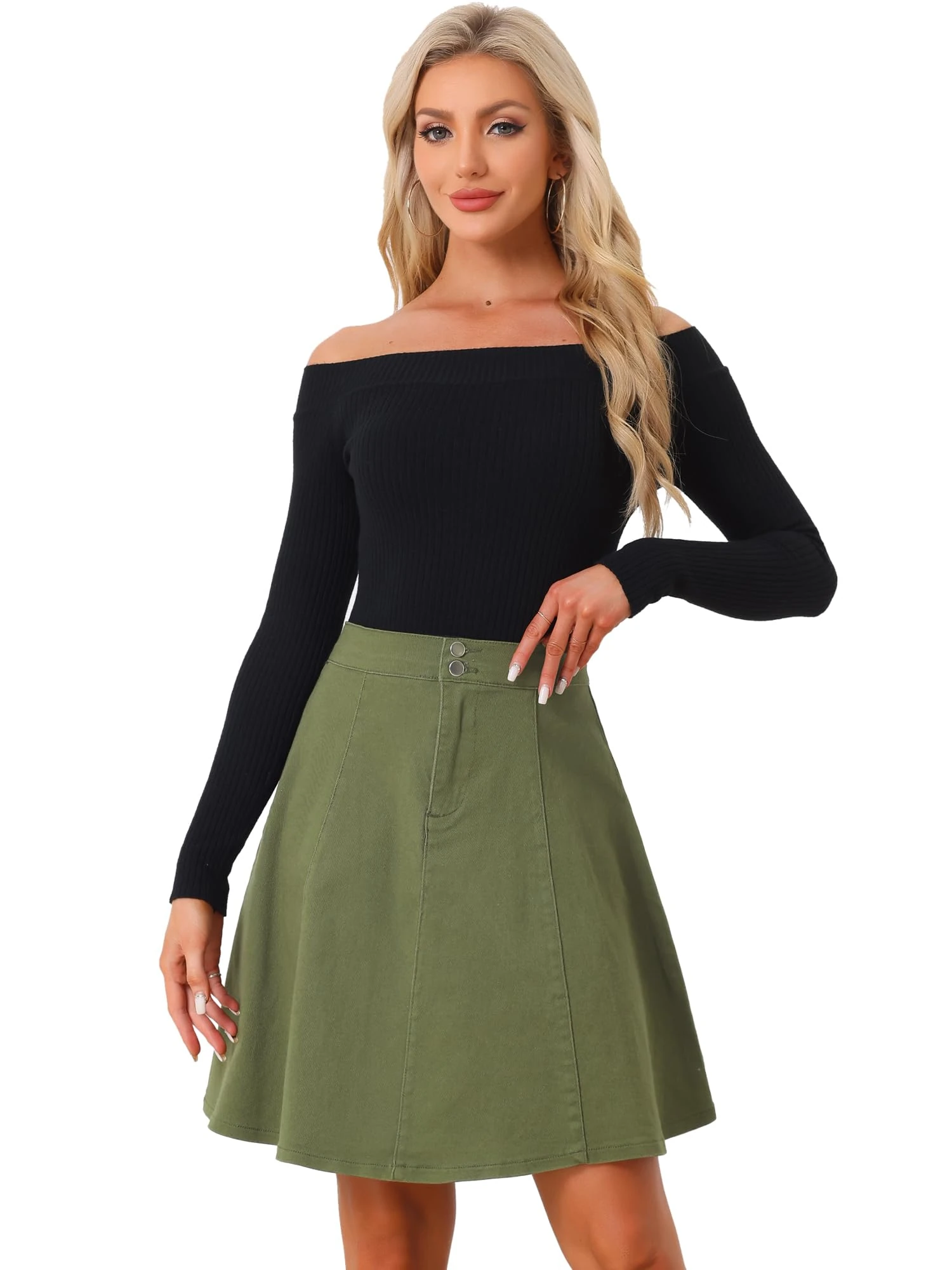 Allegra K Women's High Waisted A-Line Flared Casual Denim Skirt Army Green XL