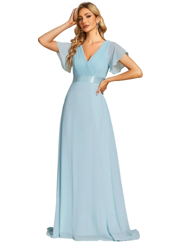 Ever-Pretty Women's Double V-Neck Short Flutter Sleeves Empire Waist Elegant Chiffon Long Evening Dresses Blue 8UK