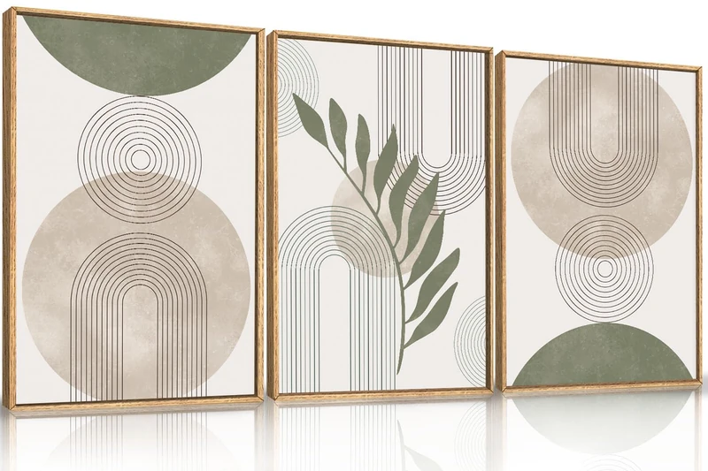 HPINUB Sage Green Framed Canvas Prints Wall Art Set, Abstract Botanical Boho Wall Decor, Minimalist Geometric Line Leaf Canvas Artwork for Living Room, Bedroom, Dining Room, Office, Bathroom -