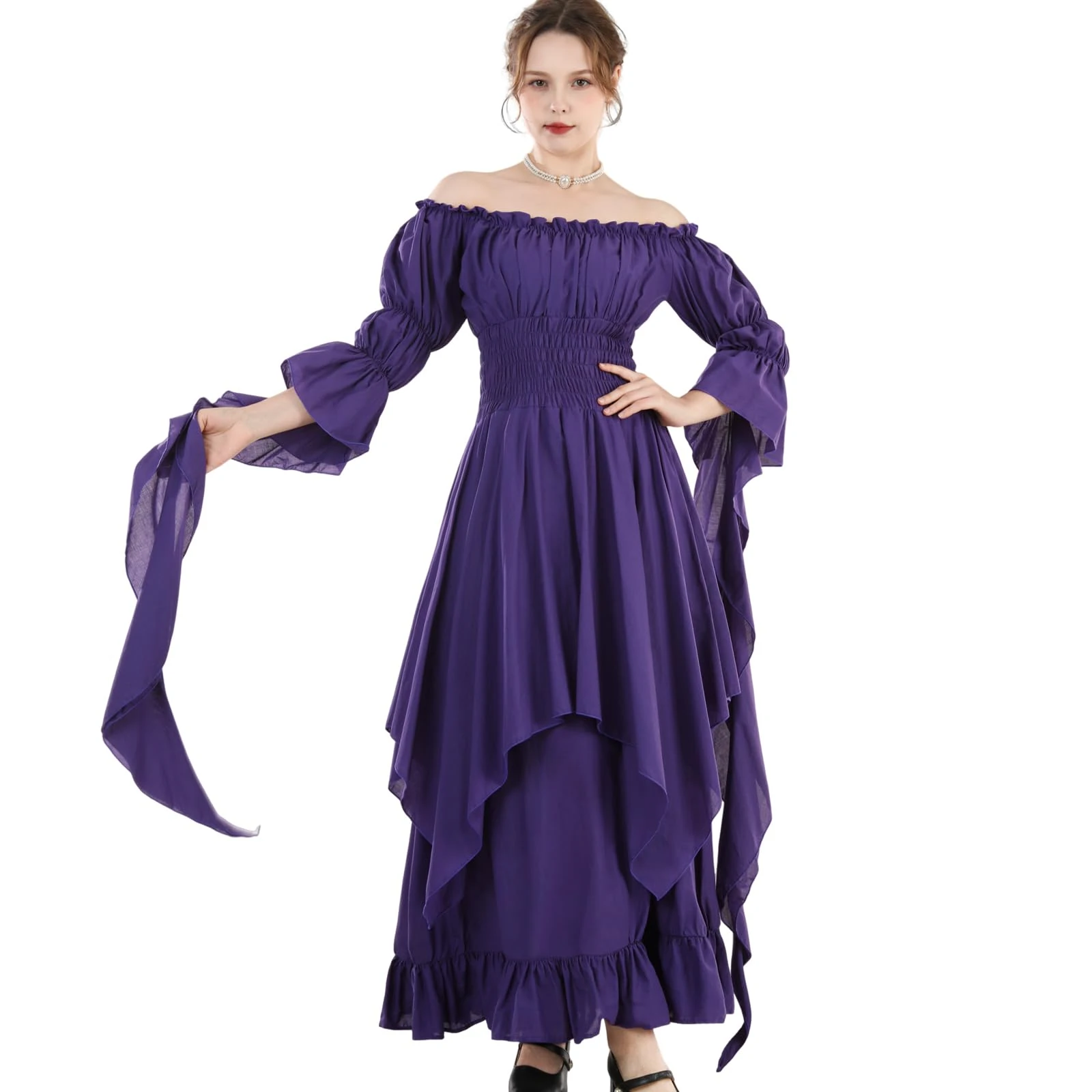 CR ROLECOS Renaissance Dress Women Medieval Costume Victorian Dresses Pirate Skirt Fairy Witch Dress Purple S/M