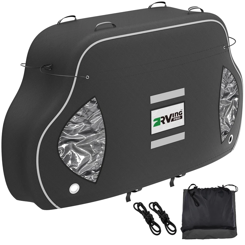 RVINGPRO Bike Cover for Transport on Rack - Bike Cover for 1 Bike on Rear Bike Rack, 600D Oxford Bicycle Cover Waterproof Outdoor Storage or Transportation for RV/ SUVS, with 2 Bungee Cords (L)