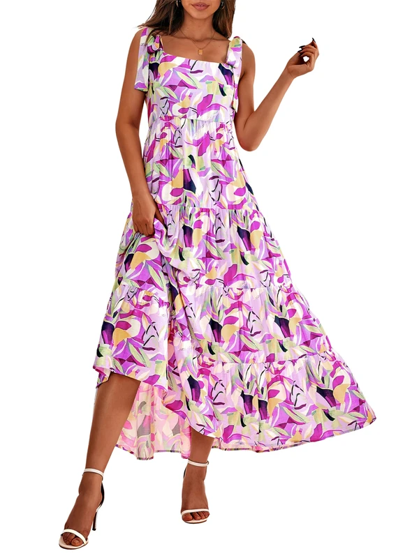 PRETTYGARDEN Women Dresses 2025 Summer Floral Sleeveless Maxi Dress Casual Spaghetti Strap Tiered Flowy Beach Long Dress, F-Purple Red, L