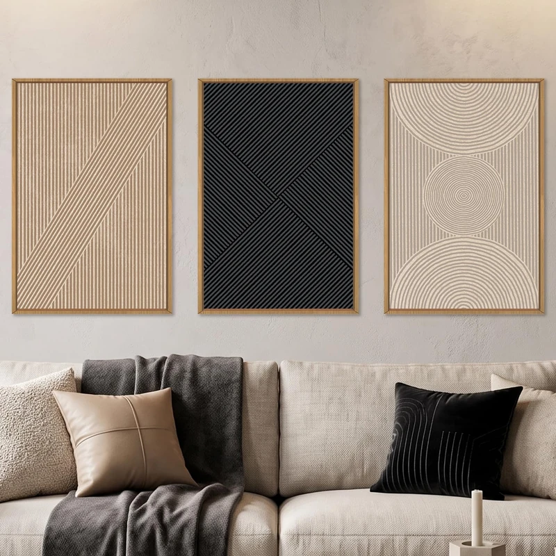 Ausril 3 Pcs Neutral Abstract Framed Wall Art, Mid Century Modern Canvas Wall Decor, Boho Geometric Line Wall Painting, Beige Minimalist Textured Art Print for Living Room Bedroom Office - 16x24inch