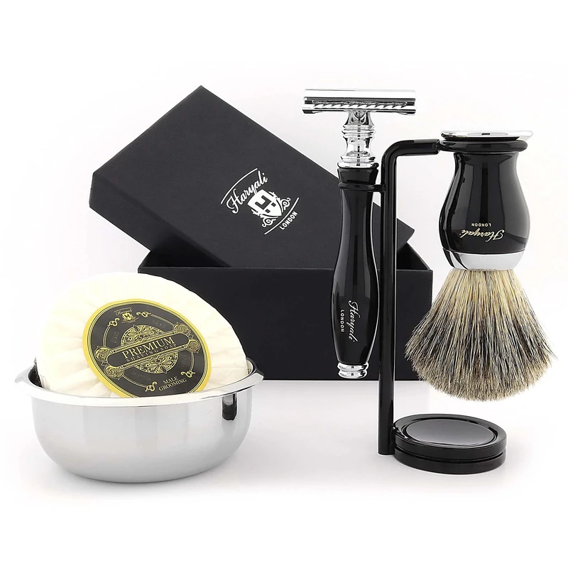 Haryali London 5 Pcs Wet Shave Kit – Complete Shaving Set with Double Edge Safety Razor, Shaving Soap, Shaving Brush, Bowl & Stand – Traditional Shaving Set for Men