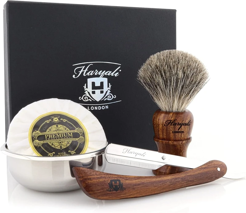 Haryali London Traditional 4 Piece Wooden Shaving Kit for Men – Straight Razor with Black Badger Brush, Stainless Steel Shaving Bowl & Shaving Soap – Sustainable Wet Shave Gift Set