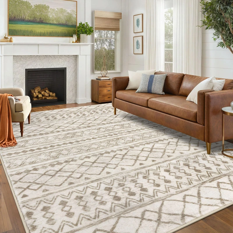 KUTA 6x9 Boho Living Room Rugs Moroccan Washable Area Rug Beige
