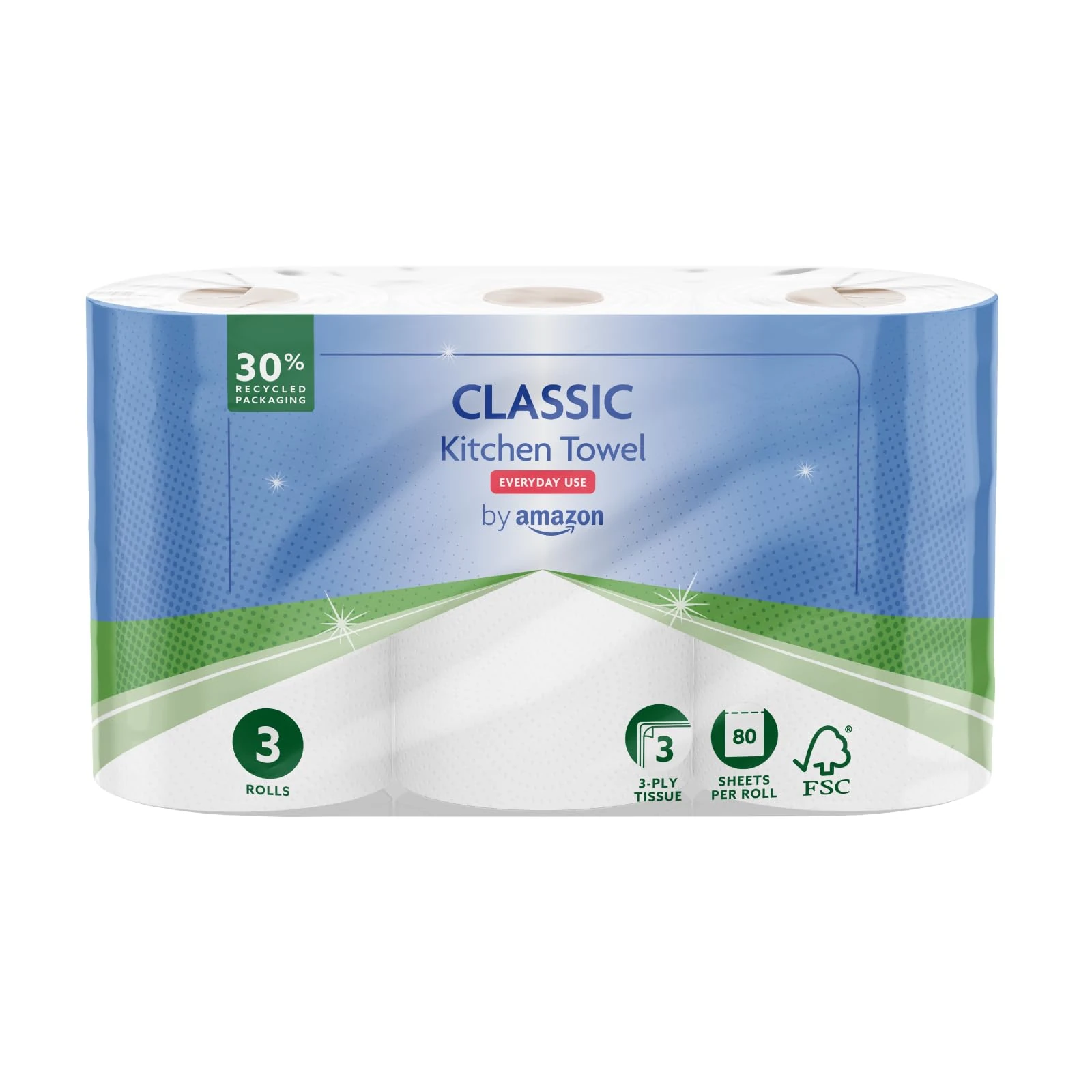 by Amazon Classic Kitchen Roll, 3-ply, Strong and Absorbent, 3 Rolls (1 Pack of 3), 80 Sheets per Roll, FSC Certified