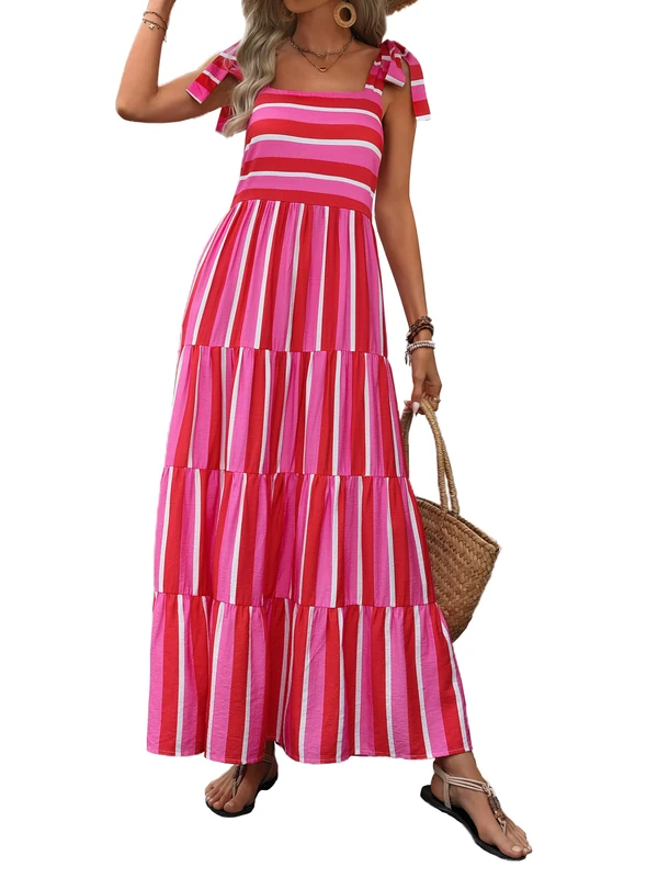 PRETTYGARDEN Womens Dresses 2025 Summer Floral Sleeveless Maxi Dress Casual Spaghetti Strap Tiered Flowy Beach Long Dress, S-Rose Red, XXL