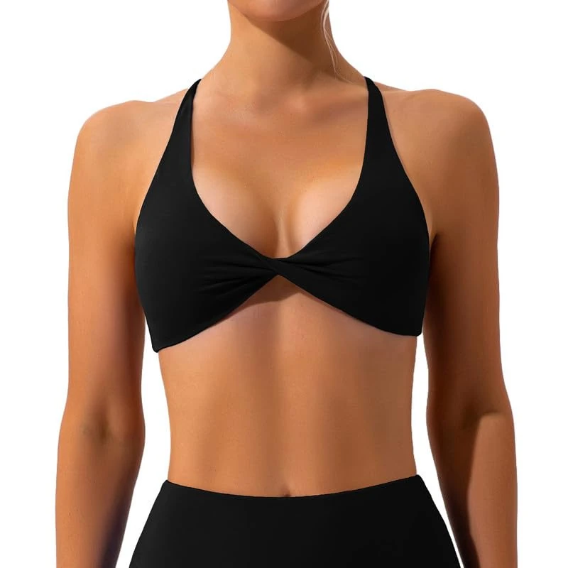 Litthing Womens Sexy Sports Bra Backless V Neck Yoga Bras Low Cut Athletic Crop Top Criss Cross Workout Tank Tops Wireless Removable Padded Bralette for Gym Fitness Black