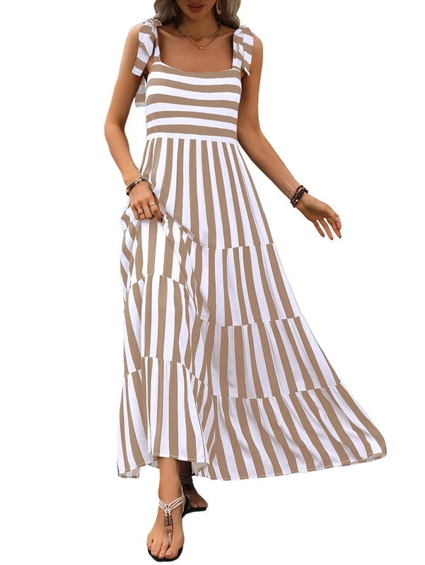 PRETTYGARDEN Women Dresses 2025 Summer Floral Sleeveless Maxi Dress Casual Spaghetti Strap Tiered Flowy Beach Long Dress, S-Khaki, M