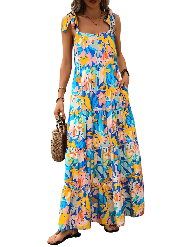PRETTYGARDEN Sleeveless Maxi Dress for Women 2024 Summer Casual Spaghetti Strip Square Neck Tiered Flowy Beach Long Dress, F-Blue, S