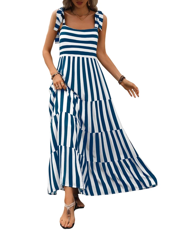 PRETTYGARDEN Women Dresses 2025 Summer Floral Sleeveless Maxi Dress Casual Spaghetti Strap Tiered Flowy Beach Long Dress, S-Blue White, XXL