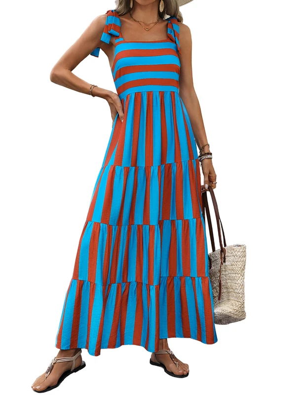 PRETTYGARDEN Women Dresses 2025 Summer Floral Sleeveless Maxi Dress Casual Spaghetti Strap Tiered Flowy Beach Long Dress, S-Brick Red Blue, S