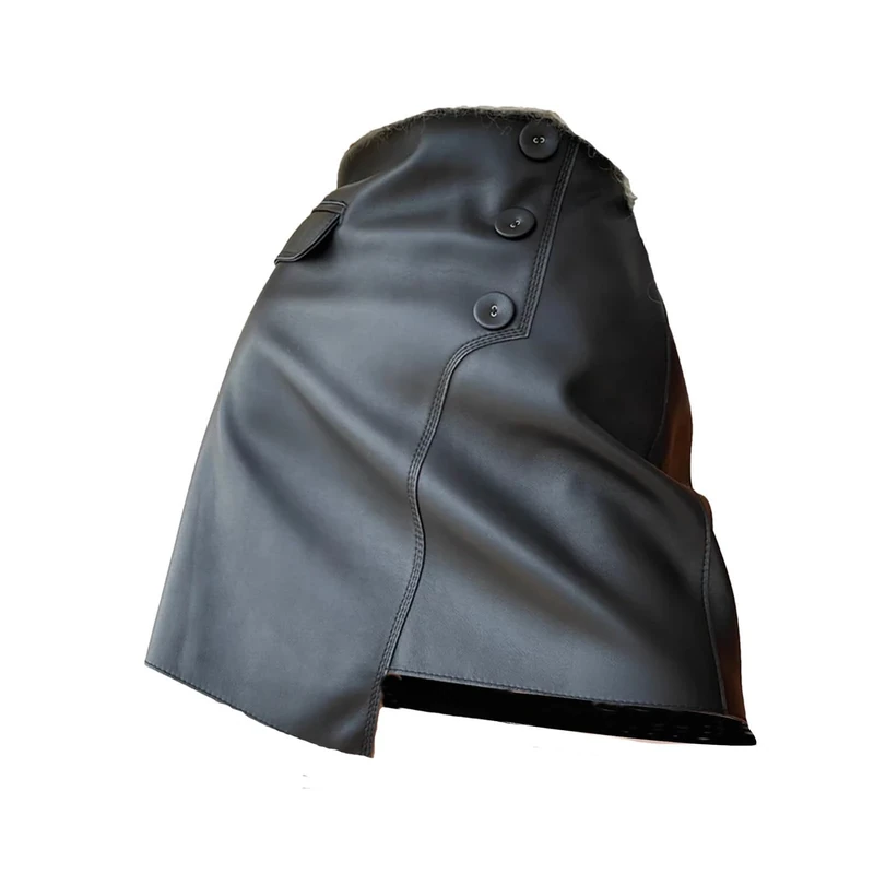 Women Spring Harajuku Sheepskin Leather Skirt A-Line Sexy Mini Irregular Pocket Buttons Black