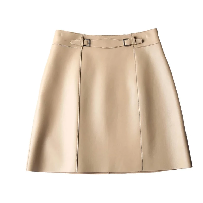 Leather Sexy Mini Skirt Women Spring South Korean Fashion High Waist Buttons Retro A-Line Skirt Khaki