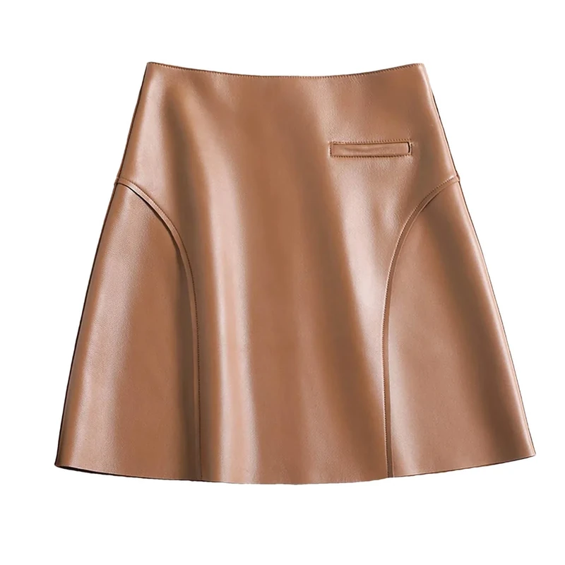 Real Leather Sexy Mini Skirt Women Spring Fashion High Waist Buttons Retro A-Line Skirt