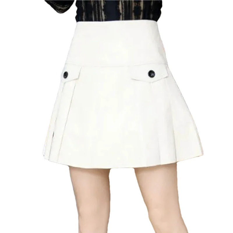Street Sexy A Line Mini Skirt Women High Waist Umbrella Skirt Sheepskin Real Leather Pleated Skirts Beige