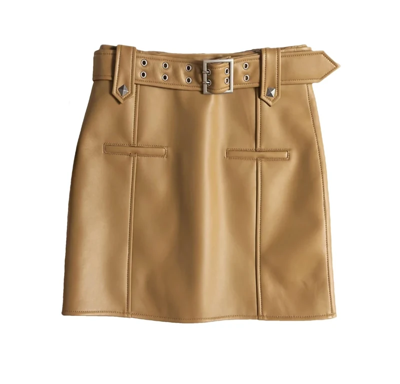 Leather Locomotive Skirt for Women Spicy Girl Cargo Skirt Double Row Hole Belt Slimming Mini Saias with Buttocks Beige