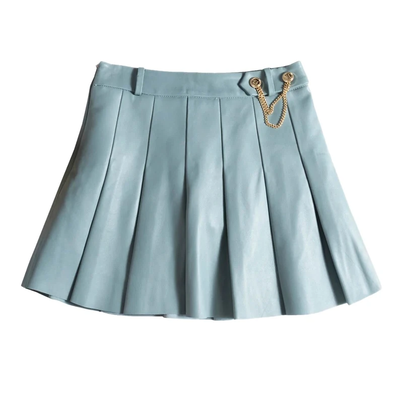 Lambskin Mini Pleated Skirt Women Playful College Style Japanese Chic Chain Short Jupe Blue