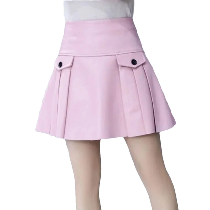 Street Sexy A Line Mini Skirt Women High Waist Umbrella Skirt Sheepskin Real Leather Pleated Skirts