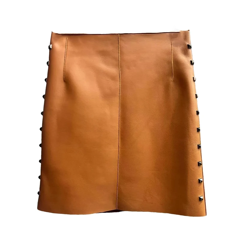 Women Chic Leather Skirts Genuine Sheepskin White Side Rivets Decoration Mini Sexy Skirts
