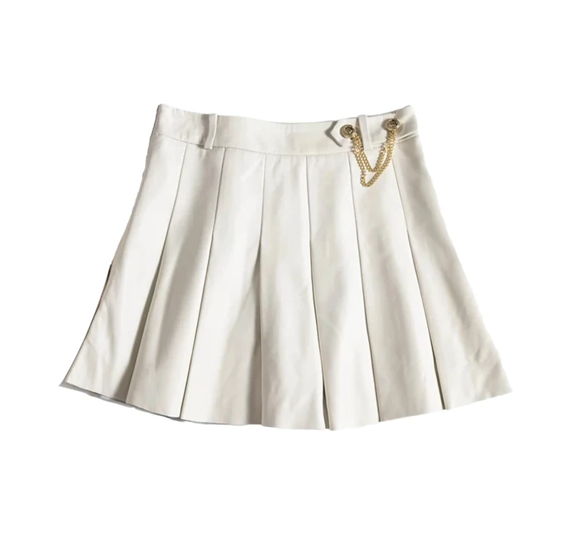 Lambskin Mini Pleated Skirt Women Playful College Style Japanese Chic Chain Short Jupe White