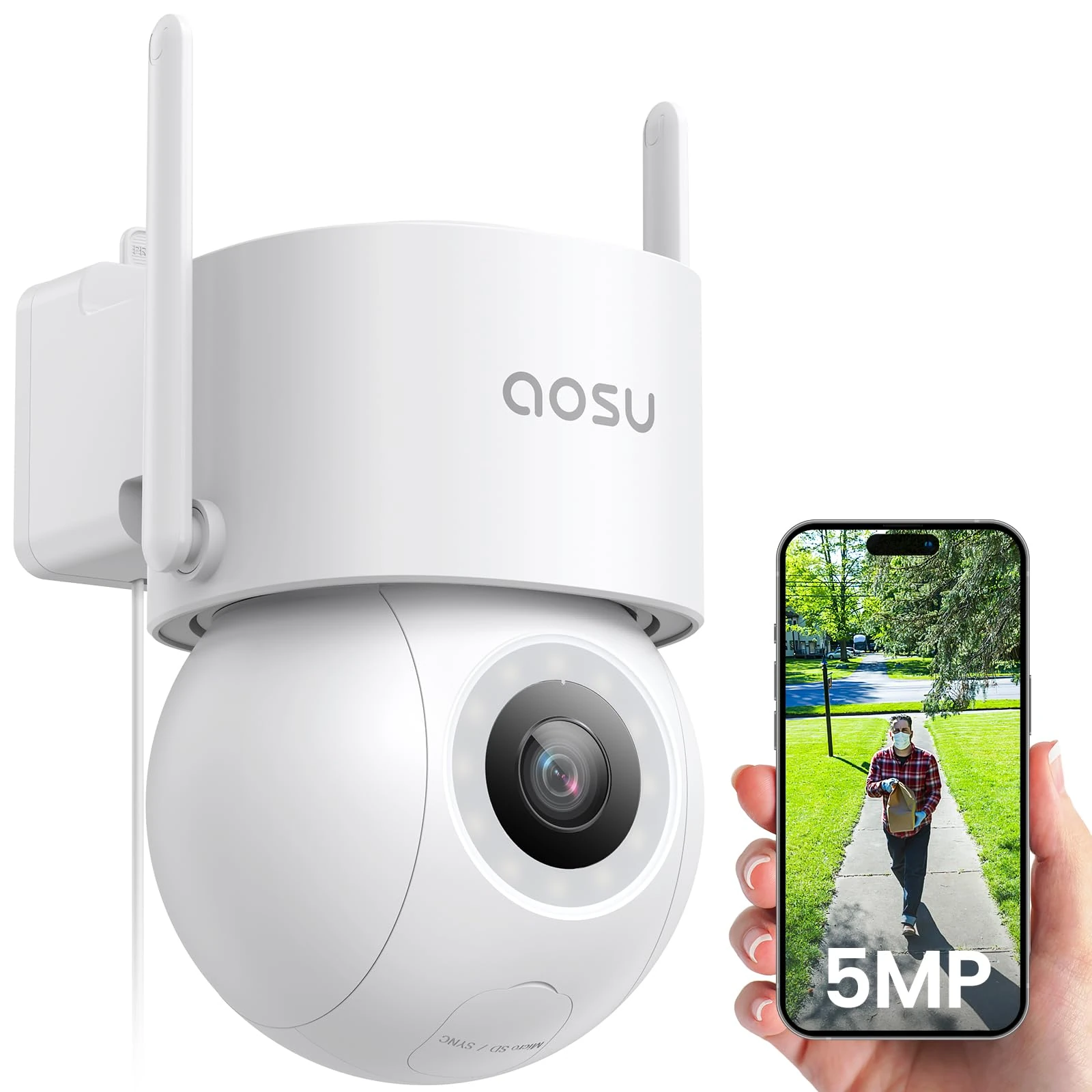 aosu 3K 5MP Security Camera Outdoor Wifi Wired with 400Lm Spotlight Full Color Night Vision, 360°PTZ CCTV Camera, Surveillance Cameras 24/7 Recording, Vehicle Security and Protection, Spot Cruise