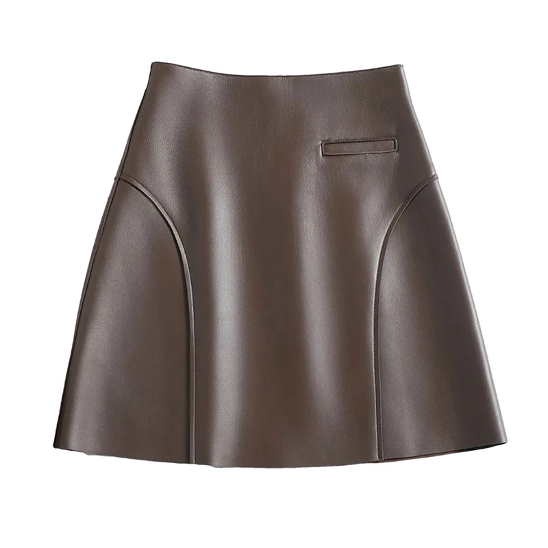 Real Leather Sexy Mini Skirt Women Spring Fashion High Waist Buttons Retro A-Line Skirt Brown