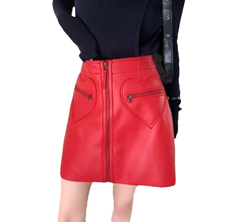 A-Line Mini Skirts Women Kawaii Heart Shape Pockets High Booty Skirts Red
